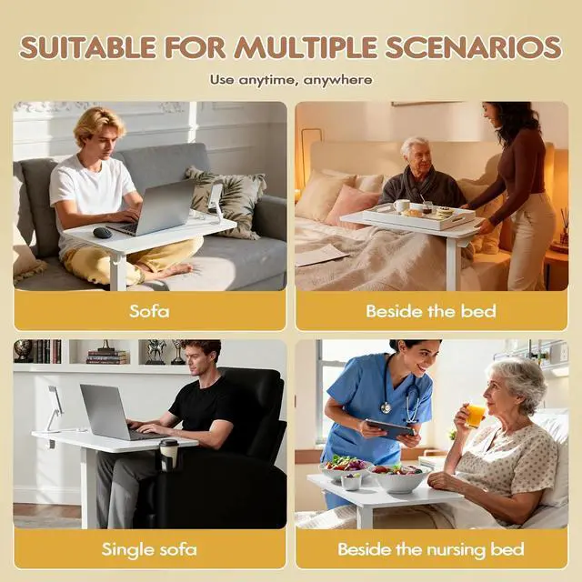 Alt view image 2 of 7 - Mobile Standing Desk with Wheels, Pneumatic Adjustable Rolling Computer Desk Laptop Table for Bed, Couch (White-1,Small)