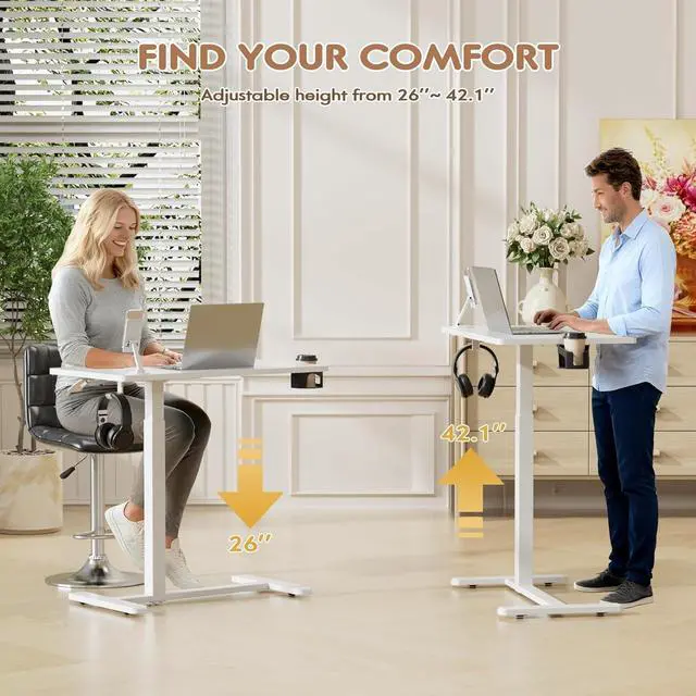Alt view image 3 of 7 - Mobile Standing Desk with Wheels, Pneumatic Adjustable Rolling Computer Desk Laptop Table for Bed, Couch (White-1,Small)