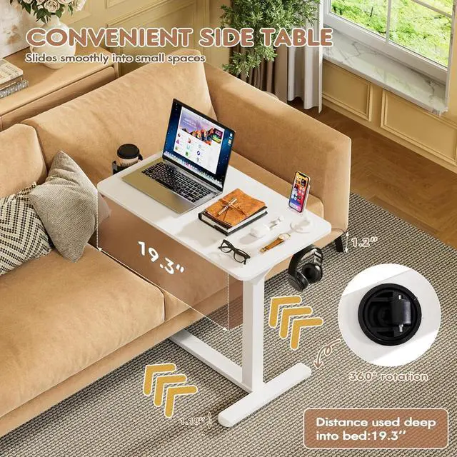 Alt view image 4 of 7 - Mobile Standing Desk with Wheels, Pneumatic Adjustable Rolling Computer Desk Laptop Table for Bed, Couch (White-1,Small)