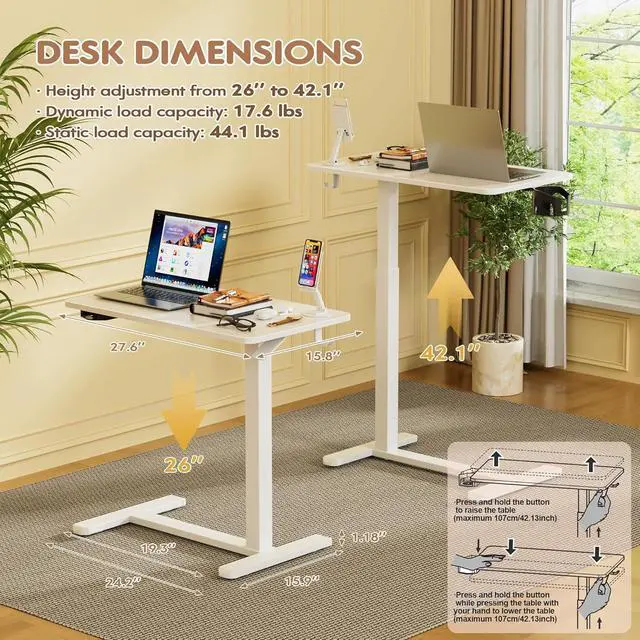 Alt view image 7 of 7 - Mobile Standing Desk with Wheels, Pneumatic Adjustable Rolling Computer Desk Laptop Table for Bed, Couch (White-1,Small)