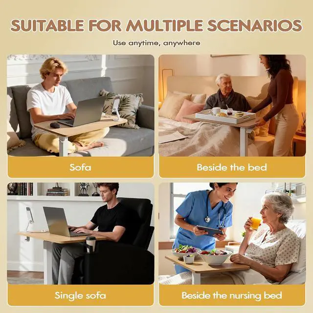 Alt view image 2 of 7 - Mobile Standing Desk with Wheels, Pneumatic Adjustable Rolling Computer Desk Laptop Table for Bed, Couch (Maple, Small)