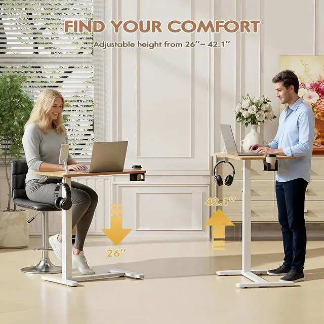 Alt view image 3 of 7 - Mobile Standing Desk with Wheels, Pneumatic Adjustable Rolling Computer Desk Laptop Table for Bed, Couch (Maple, Small)