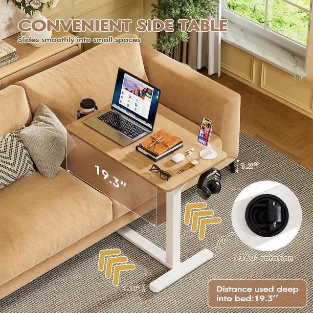 Alt view image 4 of 7 - Mobile Standing Desk with Wheels, Pneumatic Adjustable Rolling Computer Desk Laptop Table for Bed, Couch (Maple, Small)