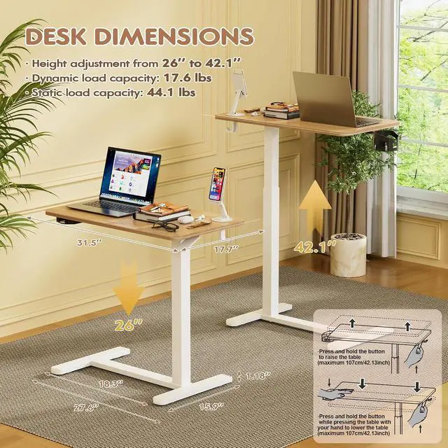 Alt view image 7 of 7 - Mobile Standing Desk with Wheels, Pneumatic Adjustable Rolling Computer Desk Laptop Table for Bed, Couch (Maple, Small)