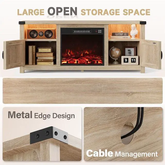 Alt view image 5 of 7 - Entertainment Center with Fireplace, Fireplace TV Stand with Storage Cabinets and 2 Open Shelves, Modern Media TV Console for Living Room (Light Oak)