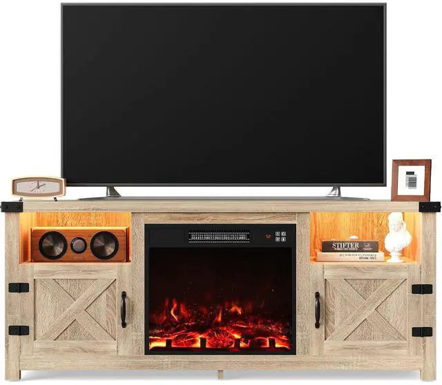 Main image of Entertainment Center with Fireplace, Fireplace TV Stand with Storage Cabinets and 2 Open Shelves, Modern Media TV Console for Living Room (Light Oak)