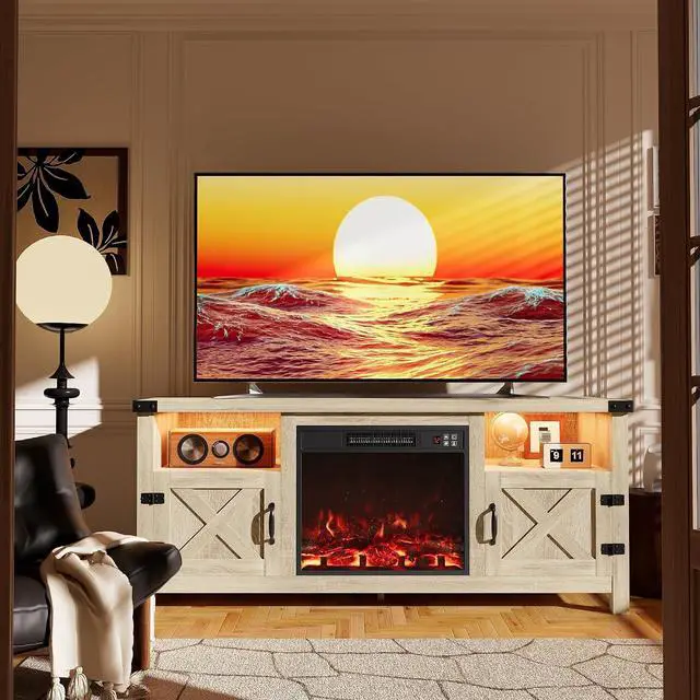 Alt view image 2 of 7 - Entertainment Center with Fireplace, Fireplace TV Stand with Storage Cabinets and 2 Open Shelves, Modern Media TV Console for Living Room (Light Oak)