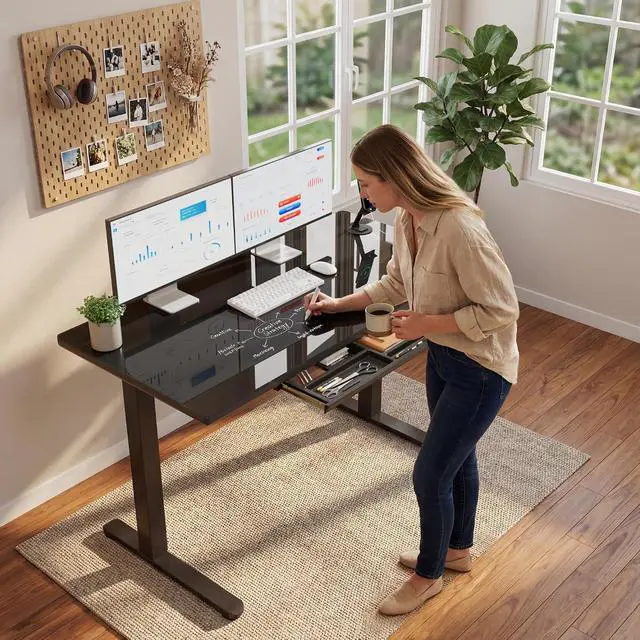 Alt view image 2 of 7 - Glass Standing Desk with Drawers, Electric Adjustable Home Office Sit Stand Desk with One-Piece Desktop & USB Charging Port for Computer Desks (Black Glass, 48 Inch)