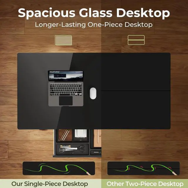 Alt view image 5 of 7 - Glass Standing Desk with Drawers, Electric Adjustable Home Office Sit Stand Desk with One-Piece Desktop & USB Charging Port for Computer Desks (Black Glass, 48 Inch)