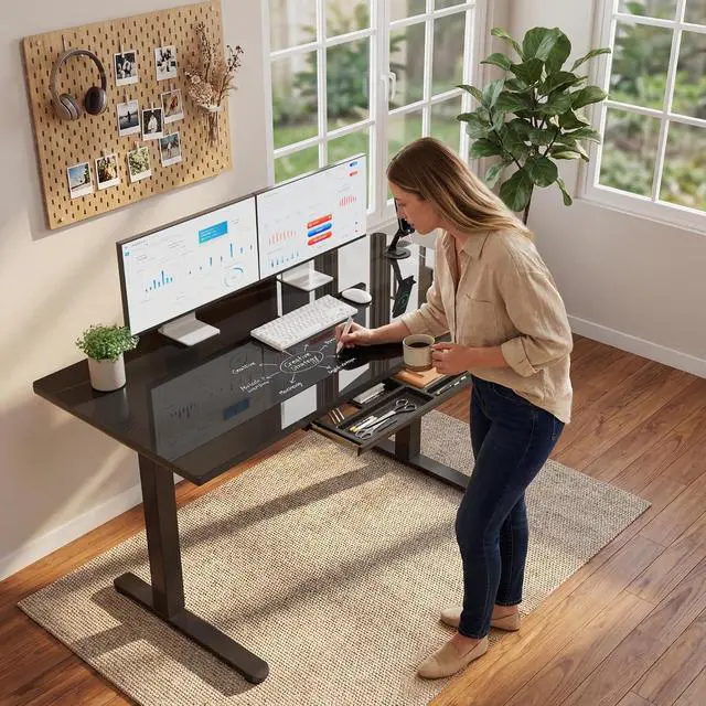 Alt view image 2 of 7 - Glass Standing Desk with Drawers, Electric Adjustable Home Office Sit Stand Desk with One-Piece Desktop & USB Charging Port for Computer Desks (Black Glass, 55 Inch)