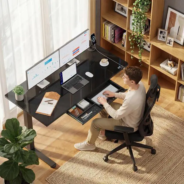 Alt view image 7 of 7 - Glass Standing Desk with Drawers, Electric Adjustable Home Office Sit Stand Desk with One-Piece Desktop & USB Charging Port for Computer Desks (Black Glass, 48 Inch)