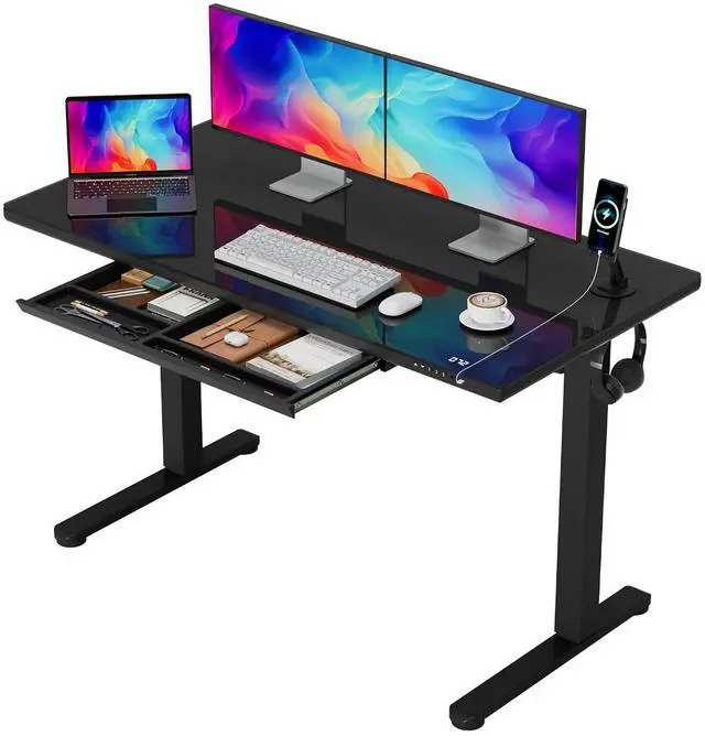Main image of Glass Standing Desk with Drawers, Electric Adjustable Home Office Sit Stand Desk with One-Piece Desktop & USB Charging Port for Computer Desks (Black Glass, 48 Inch)