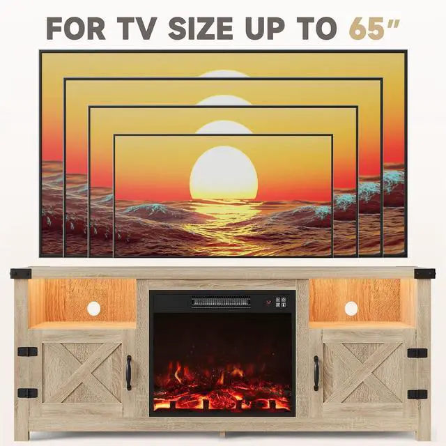 Alt view image 7 of 7 - Entertainment Center with Fireplace, Fireplace TV Stand with Storage Cabinets and 2 Open Shelves, Modern Media TV Console for Living Room (Light Oak)