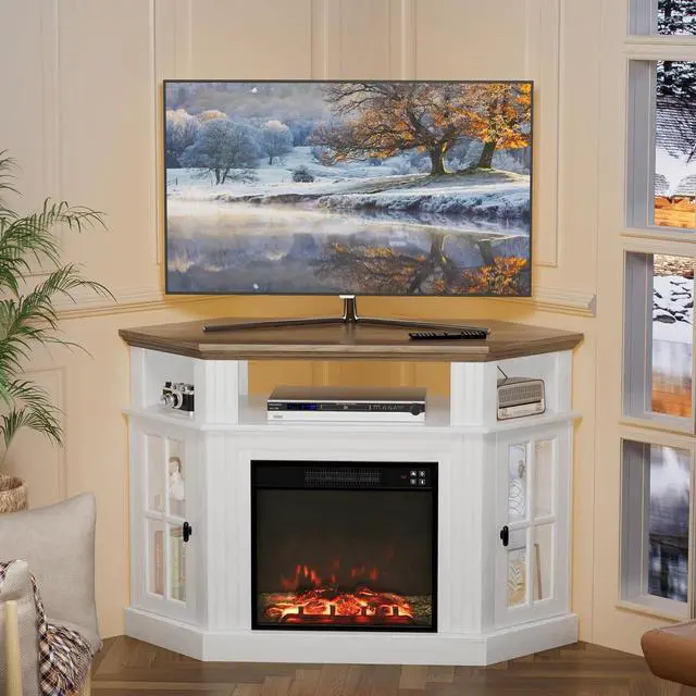 Main image of Fireplace Corner TV Stand for Up to 55 Inch, Modern Console with 18 Inch Electric Fireplace, Entertainment Center with Open Shelf and Storage Cabinets for Living Room (Antique White)