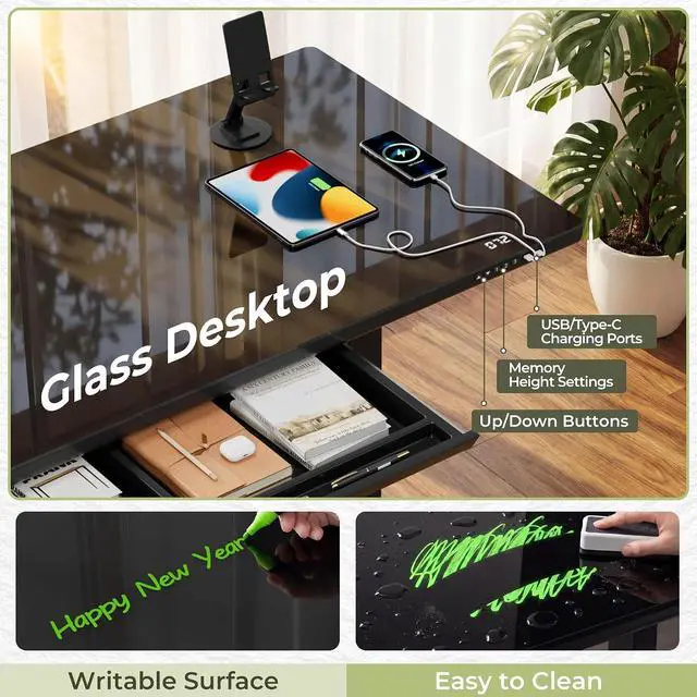 Alt view image 4 of 7 - Glass Standing Desk with Drawers, Electric Adjustable Home Office Sit Stand Desk with One-Piece Desktop & USB Charging Port for Computer Desks (Black Glass, 48 Inch)
