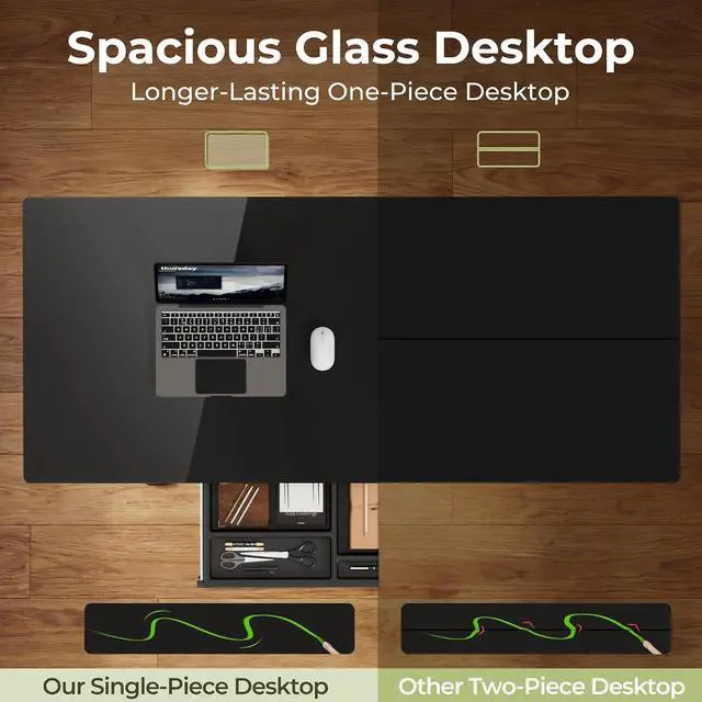Alt view image 5 of 7 - Glass Standing Desk with Drawers, Electric Adjustable Home Office Sit Stand Desk with One-Piece Desktop & USB Charging Port for Computer Desks (Black Glass, 55 Inch)