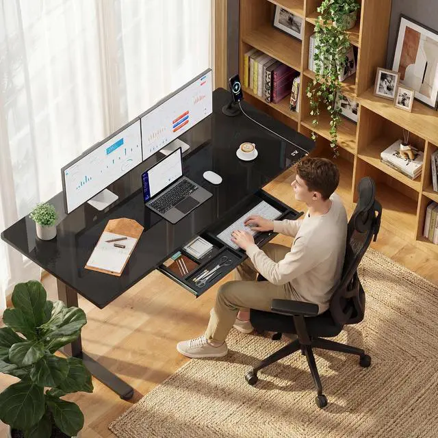 Alt view image 6 of 7 - Glass Standing Desk with Drawers, Electric Adjustable Home Office Sit Stand Desk with One-Piece Desktop & USB Charging Port for Computer Desks (Black Glass, 55 Inch)