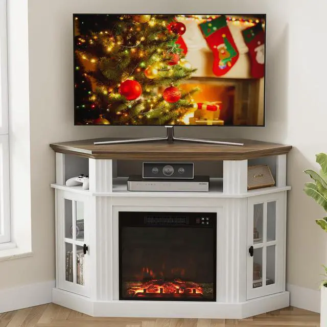 Alt view image 3 of 7 - Fireplace Corner TV Stand for Up to 55 Inch, Modern Console with 18 Inch Electric Fireplace, Entertainment Center with Open Shelf and Storage Cabinets for Living Room (Antique White)