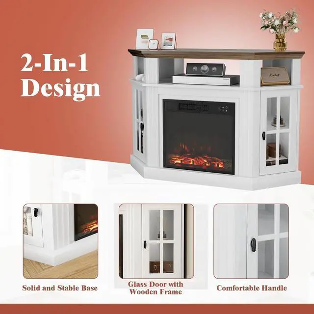 Alt view image 5 of 7 - Fireplace Corner TV Stand for Up to 55 Inch, Modern Console with 18 Inch Electric Fireplace, Entertainment Center with Open Shelf and Storage Cabinets for Living Room (Antique White)