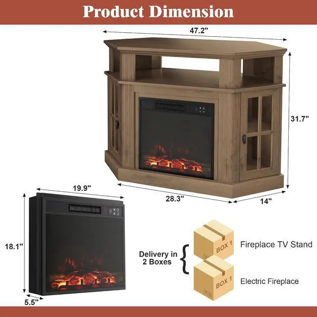 Alt view image 2 of 7 - Fireplace Corner TV Stand for Up to 55 Inch, Modern Console with 18 Inch Electric Fireplace, Entertainment Center with Open Shelf and Storage Cabinets for Living Room (Brown)