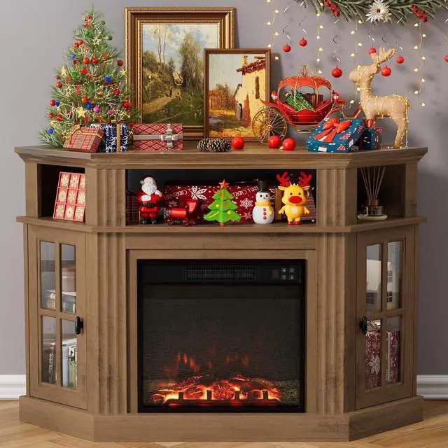 Alt view image 3 of 7 - Fireplace Corner TV Stand for Up to 55 Inch, Modern Console with 18 Inch Electric Fireplace, Entertainment Center with Open Shelf and Storage Cabinets for Living Room (Brown)