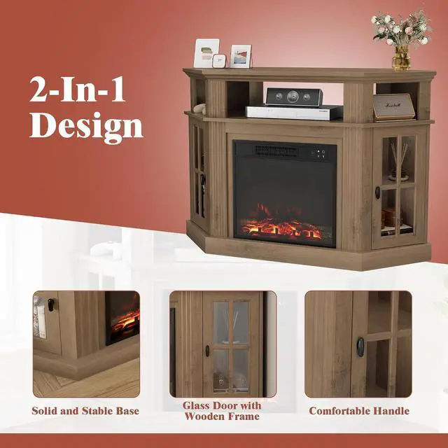 Alt view image 6 of 7 - Fireplace Corner TV Stand for Up to 55 Inch, Modern Console with 18 Inch Electric Fireplace, Entertainment Center with Open Shelf and Storage Cabinets for Living Room (Brown)