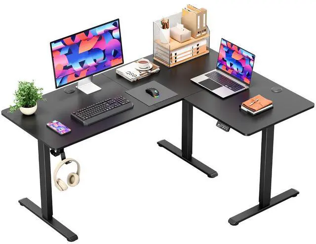 Main image of 63 x 48 Inch L Shaped Standing Desk with 2 Preset Heights, Electric Height Adjustable Computer Table, 2 Hooks & Feet Balance, Corner Sit Stand Desk for Home Office (Black, 63 x 48 Inch)