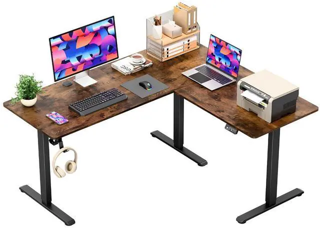 Main image of 63 x 55 Inch L Shaped Standing Desk with 2 Preset Heights, Electric Height Adjustable Computer Table, 2 Hooks & Feet Balance, Corner Sit Stand Desk for Home Office (Rustic Brown, 63 x 55 Inch)
