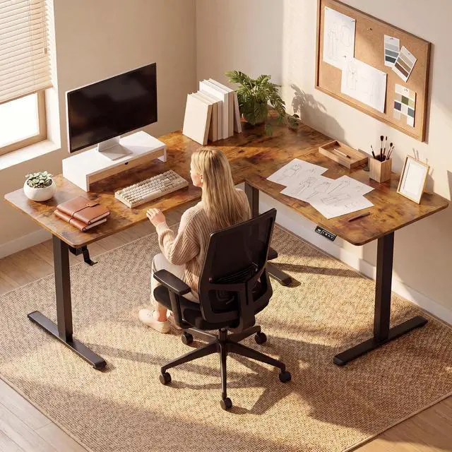 Alt view image 2 of 7 - 63 x 55 Inch L Shaped Standing Desk with 2 Preset Heights, Electric Height Adjustable Computer Table, 2 Hooks & Feet Balance, Corner Sit Stand Desk for Home Office (Rustic Brown, 63 x 55 Inch)