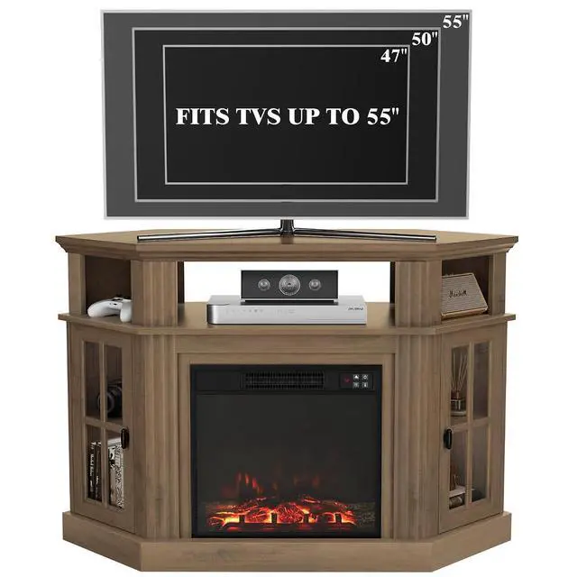 Alt view image 7 of 7 - Fireplace Corner TV Stand for Up to 55 Inch, Modern Console with 18 Inch Electric Fireplace, Entertainment Center with Open Shelf and Storage Cabinets for Living Room (Brown)