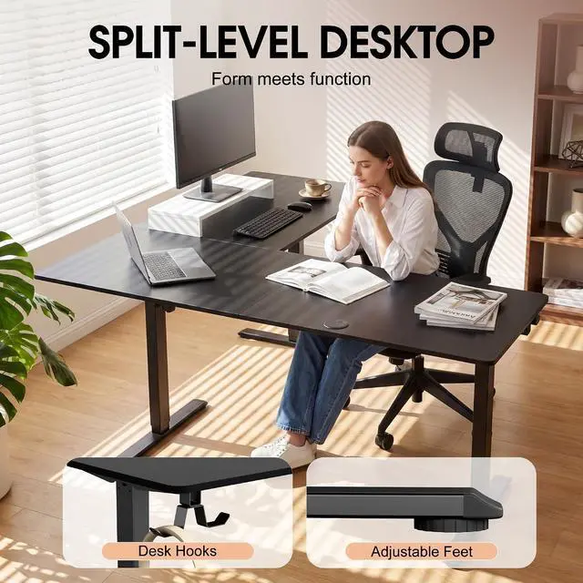 Alt view image 4 of 7 - 63 x 48 Inch L Shaped Standing Desk with 2 Preset Heights, Electric Height Adjustable Computer Table, 2 Hooks & Feet Balance, Corner Sit Stand Desk for Home Office (Black, 63 x 48 Inch)