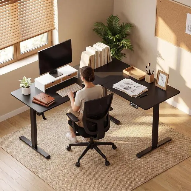 Alt view image 2 of 7 - 63 x 48 Inch L Shaped Standing Desk with 2 Preset Heights, Electric Height Adjustable Computer Table, 2 Hooks & Feet Balance, Corner Sit Stand Desk for Home Office (Black, 63 x 48 Inch)