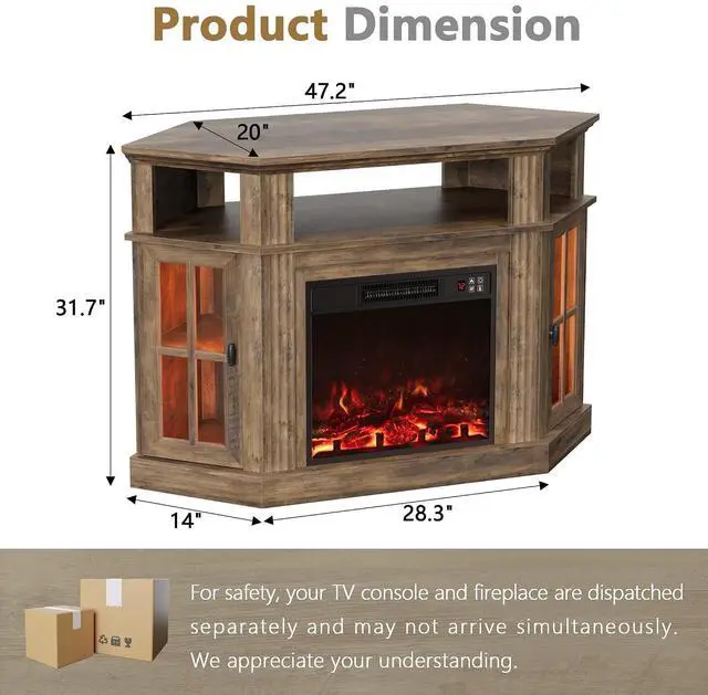 Alt view image 2 of 7 - Fireplace Corner TV Stand for Up to 55 Inch, Modern Console with 18 Inch Electric Fireplace, Entertainment Center with Open Shelf and Storage Cabinets for Living Room (LED Brown)