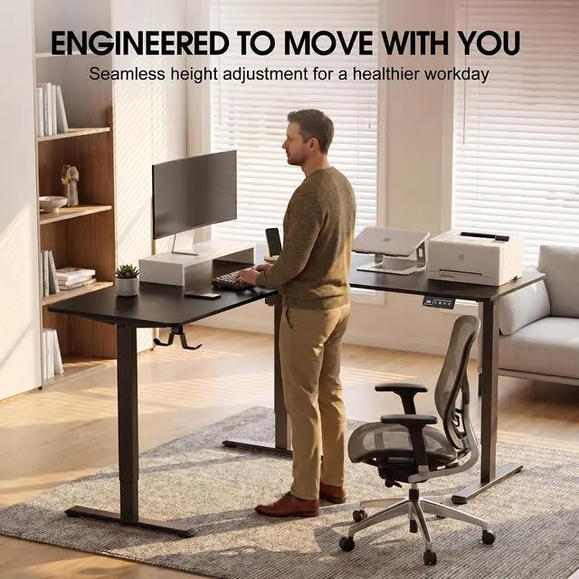 Alt view image 6 of 7 - 63 x 48 Inch L Shaped Standing Desk with 2 Preset Heights, Electric Height Adjustable Computer Table, 2 Hooks & Feet Balance, Corner Sit Stand Desk for Home Office (Black, 63 x 48 Inch)