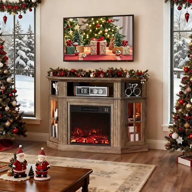 Alt view image 3 of 7 - Fireplace Corner TV Stand for Up to 55 Inch, Modern Console with 18 Inch Electric Fireplace, Entertainment Center with Open Shelf and Storage Cabinets for Living Room (LED Brown)