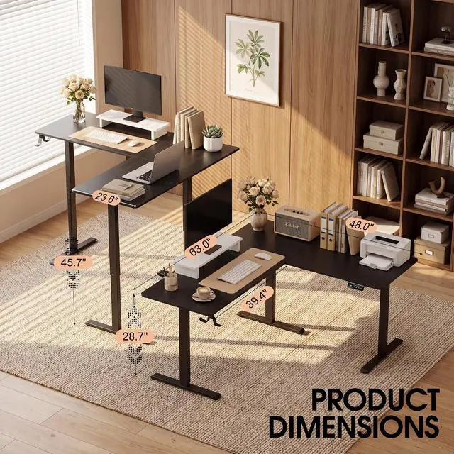 Alt view image 7 of 7 - 63 x 48 Inch L Shaped Standing Desk with 2 Preset Heights, Electric Height Adjustable Computer Table, 2 Hooks & Feet Balance, Corner Sit Stand Desk for Home Office (Black, 63 x 48 Inch)