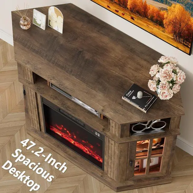Alt view image 5 of 7 - Fireplace Corner TV Stand for Up to 55 Inch, Modern Console with 18 Inch Electric Fireplace, Entertainment Center with Open Shelf and Storage Cabinets for Living Room (LED Brown)