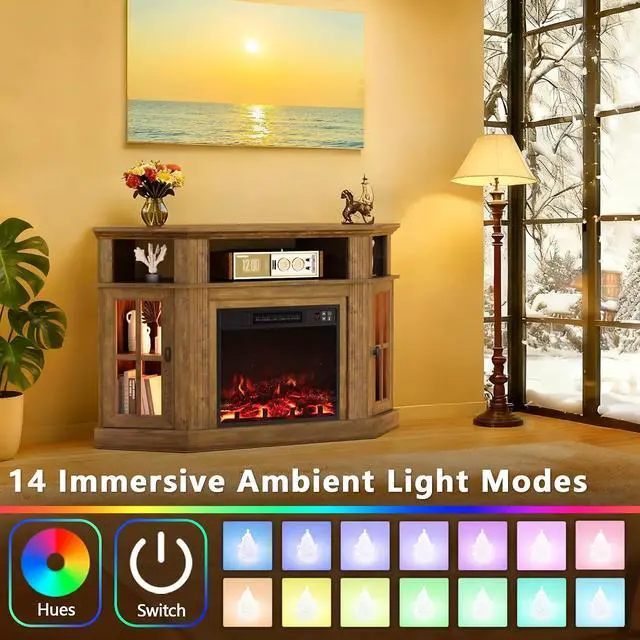 Alt view image 7 of 7 - Fireplace Corner TV Stand for Up to 55 Inch, Modern Console with 18 Inch Electric Fireplace, Entertainment Center with Open Shelf and Storage Cabinets for Living Room (LED Brown)