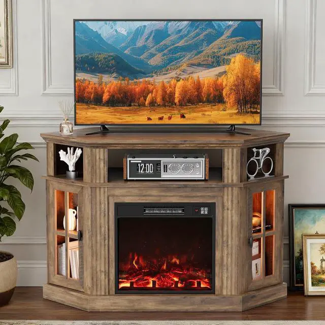 Main image of Fireplace Corner TV Stand for Up to 55 Inch, Modern Console with 18 Inch Electric Fireplace, Entertainment Center with Open Shelf and Storage Cabinets for Living Room (LED Brown)