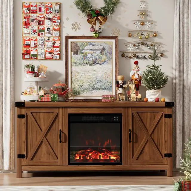 Alt view image 2 of 7 - Fireplace TV Stand for Up to 65 Inches TVs, Farmhouse Entertainment Center with Grooved Barn Doors, Rustic Media Console Table with Storage Cabinets for Living Room (Barnwood)