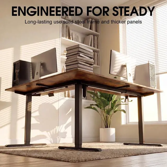 Alt view image 3 of 7 - 63 x 55 Inch L Shaped Standing Desk with 2 Preset Heights, Electric Height Adjustable Computer Table, 2 Hooks & Feet Balance, Corner Sit Stand Desk for Home Office (Rustic Brown, 63 x 55 Inch)