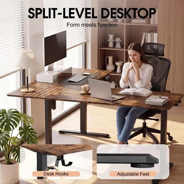 Alt view image 4 of 7 - 63 x 55 Inch L Shaped Standing Desk with 2 Preset Heights, Electric Height Adjustable Computer Table, 2 Hooks & Feet Balance, Corner Sit Stand Desk for Home Office (Rustic Brown, 63 x 55 Inch)