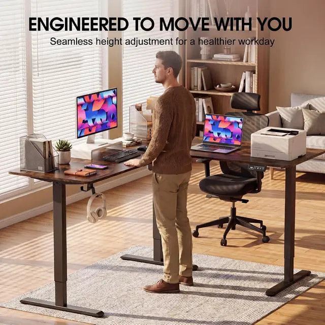 Alt view image 6 of 7 - 63 x 55 Inch L Shaped Standing Desk with 2 Preset Heights, Electric Height Adjustable Computer Table, 2 Hooks & Feet Balance, Corner Sit Stand Desk for Home Office (Rustic Brown, 63 x 55 Inch)