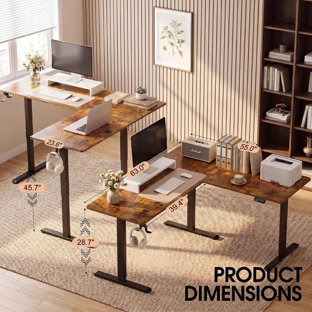 Alt view image 7 of 7 - 63 x 55 Inch L Shaped Standing Desk with 2 Preset Heights, Electric Height Adjustable Computer Table, 2 Hooks & Feet Balance, Corner Sit Stand Desk for Home Office (Rustic Brown, 63 x 55 Inch)