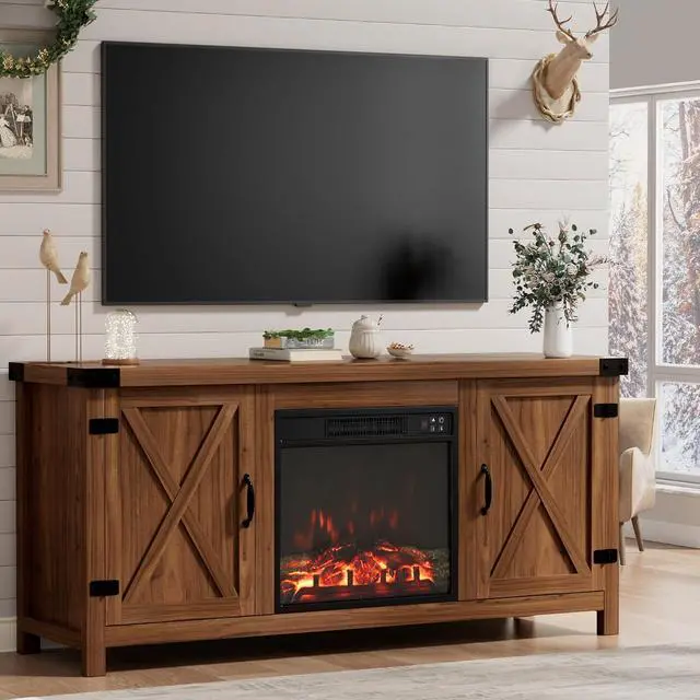 Main image of Fireplace TV Stand for Up to 65 Inches TVs, Farmhouse Entertainment Center with Grooved Barn Doors, Rustic Media Console Table with Storage Cabinets for Living Room (Barnwood)