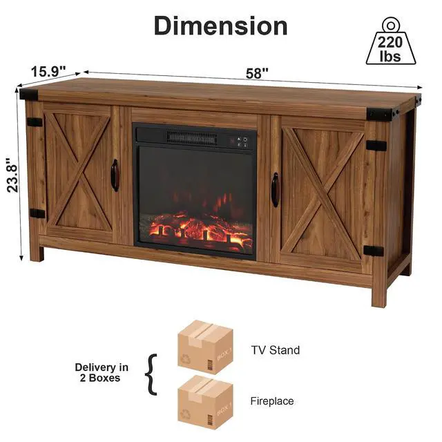 Alt view image 3 of 7 - Fireplace TV Stand for Up to 65 Inches TVs, Farmhouse Entertainment Center with Grooved Barn Doors, Rustic Media Console Table with Storage Cabinets for Living Room (Barnwood)