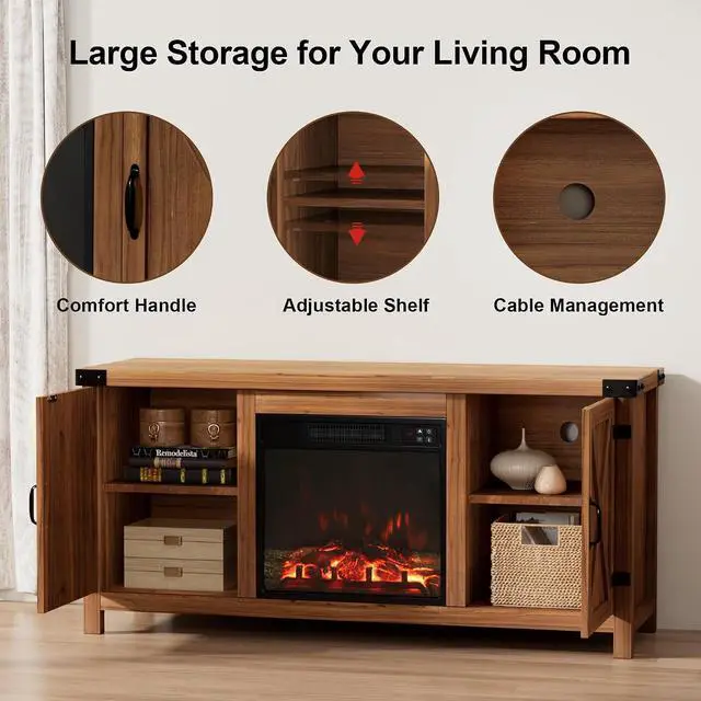 Alt view image 4 of 7 - Fireplace TV Stand for Up to 65 Inches TVs, Farmhouse Entertainment Center with Grooved Barn Doors, Rustic Media Console Table with Storage Cabinets for Living Room (Barnwood)