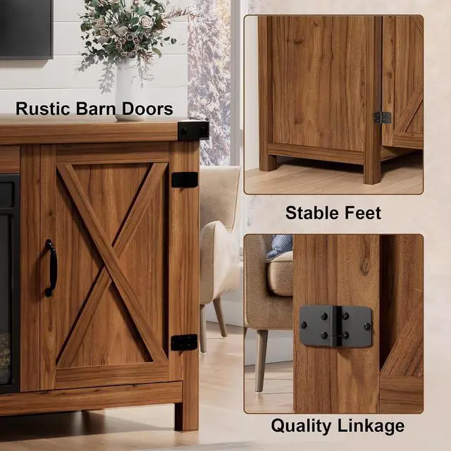 Alt view image 5 of 7 - Fireplace TV Stand for Up to 65 Inches TVs, Farmhouse Entertainment Center with Grooved Barn Doors, Rustic Media Console Table with Storage Cabinets for Living Room (Barnwood)