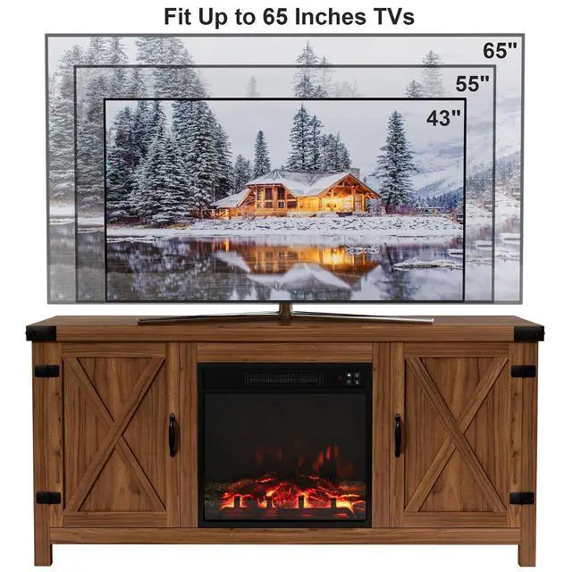 Alt view image 7 of 7 - Fireplace TV Stand for Up to 65 Inches TVs, Farmhouse Entertainment Center with Grooved Barn Doors, Rustic Media Console Table with Storage Cabinets for Living Room (Barnwood)