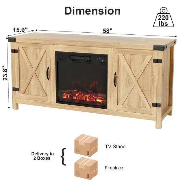 Alt view image 3 of 7 - Fireplace TV Stand for Up to 65 Inches TVs, Farmhouse Entertainment Center with Grooved Barn Doors, Rustic Media Console Table with Storage Cabinets for Living Room (Natural Oak)